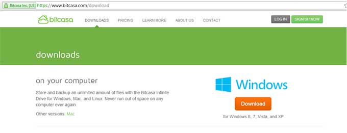 Download Bitcasa til Windows på deres websted